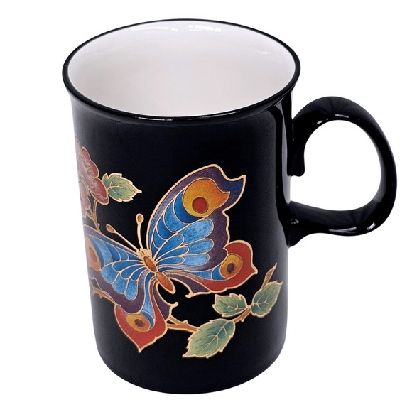 Dunoon Hawaii Butterfly Floral Mug Black Stoneware Scotland Coffee Tea Cup Art - Picture 2 of 7